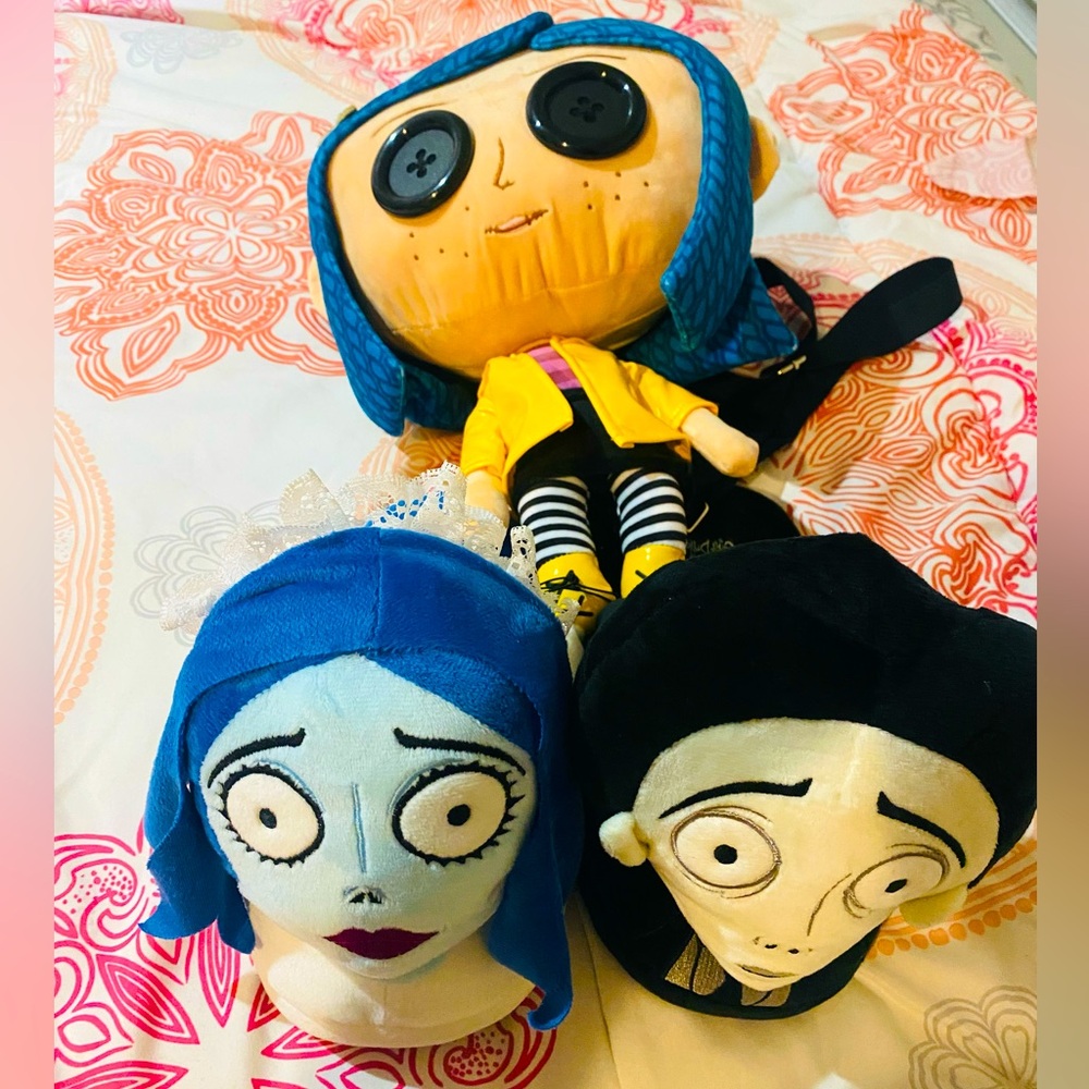 Coraline backpack and corpse bride slippers